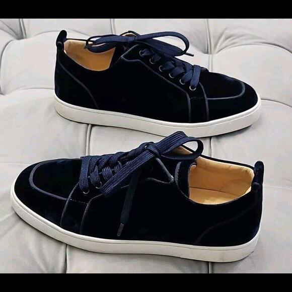 Christian Louboutin Navy Blue Velvet Lace Up Sneaker Flats Mens Shoes 42 9 - Picture 2 of 15